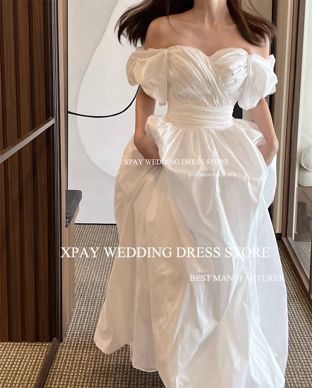 XPAY Sweetheart A Line Corea Abiti da sposa Personalizzato Taffetà Pieghe Corsetto Indietro Abiti da sposa Abito da sposa con maniche corte a lanterna