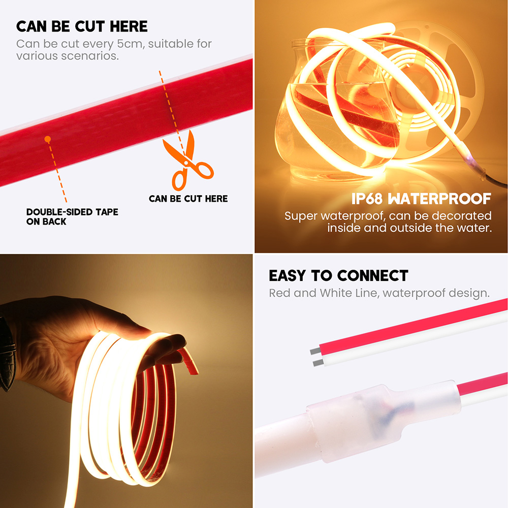 IP68 방수 COB LED 네온 스트립 빛 12V 24V 5m 10m 15m 20m 0.5m 320/LED 유연한 테이프 실리콘 튜브 라이너 조명 RA90