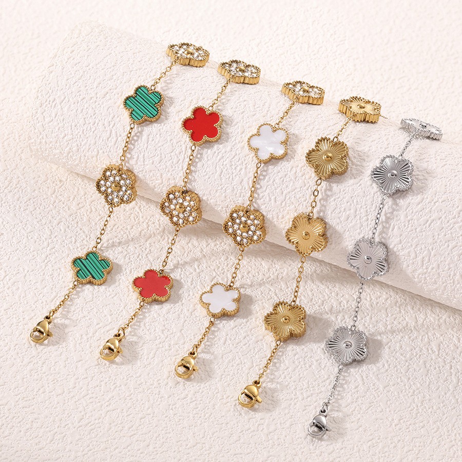 1 ชิ้นสแตนเลสZircon Mother-Of-Pearlสร้อยข้อมือดอกไม้ห้าใบสําหรับผู้หญิง,เรียบง่ายและแฟชั่นสวมใส่ทุกวันเครื่องประดับ