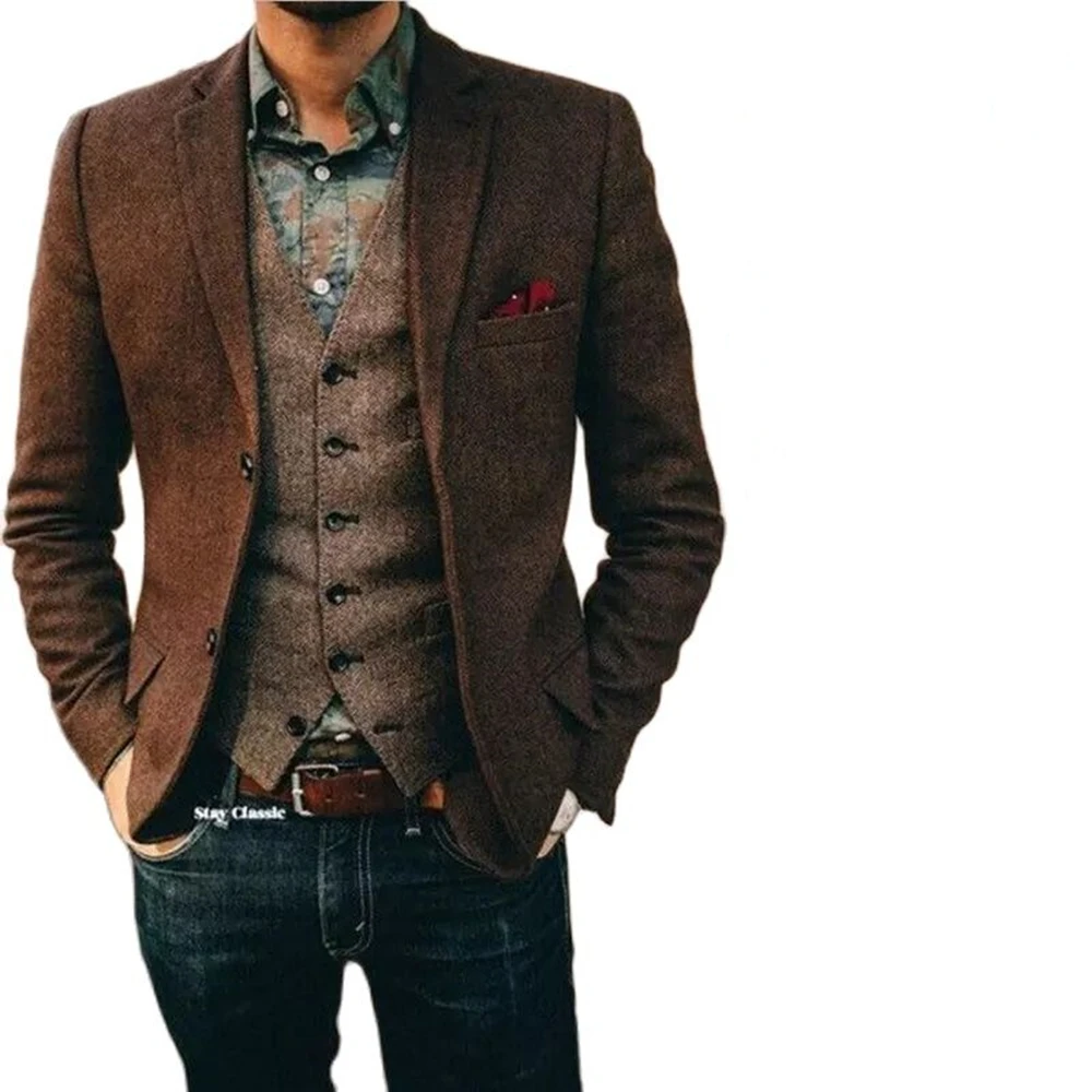 (Nur Mantel) Herren anzug brauner Fischgräten blazer Prom Smoking Wolle Tweed einreihig zwei Knöpfe Business/Hochzeits jacke
