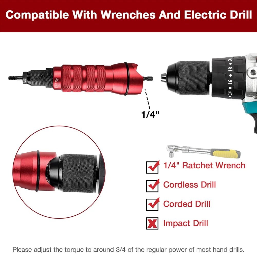 Machine à riveter adaptateur de pistolet à écrou de rivet électrique domestique métrique M3 M4 M5 M6 M8 M10 + impérial 1/4-20 10-24 10-32 8-32, outil de rivetage d'écrou d'insertion sans fil de haute qualité