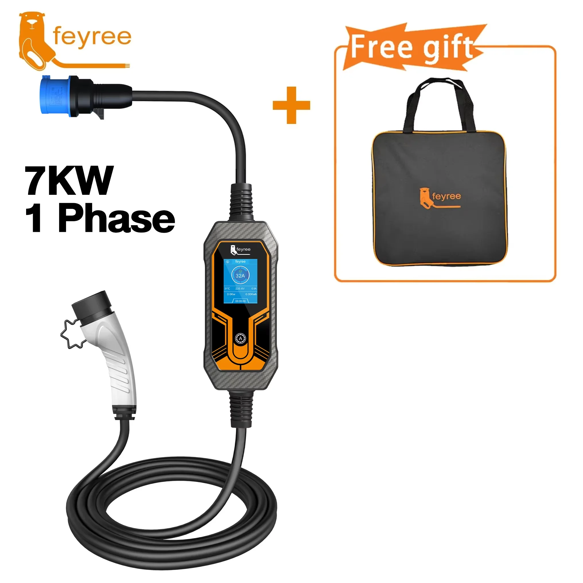 feyree Przenośna ładowarka EV Wallbox Type2 7kW 32A 1-fazowy kabel 5m Gniazdo CEE EVSE Skrzynka ładująca do pojazdów elektrycznych Ładowarka samochodowa