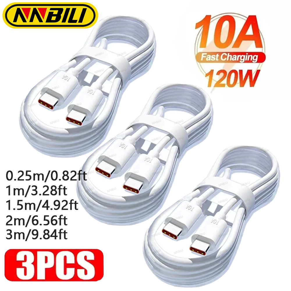 NNBILI 3Pcs Universal 120W 10A Fast Charger PD Dual Type C Quick Charging Cable Data Wire Cord For iPhone 16 17 Samsung HUAWEI