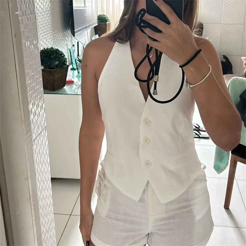 MUJER Schulterfreie ärmellose Weste für Damen, Schwarz, Weiß, abgeschnittene Weste, Damenmode, rückenfrei, V-Ausschnitt, kurze Mäntel, Sommerweste