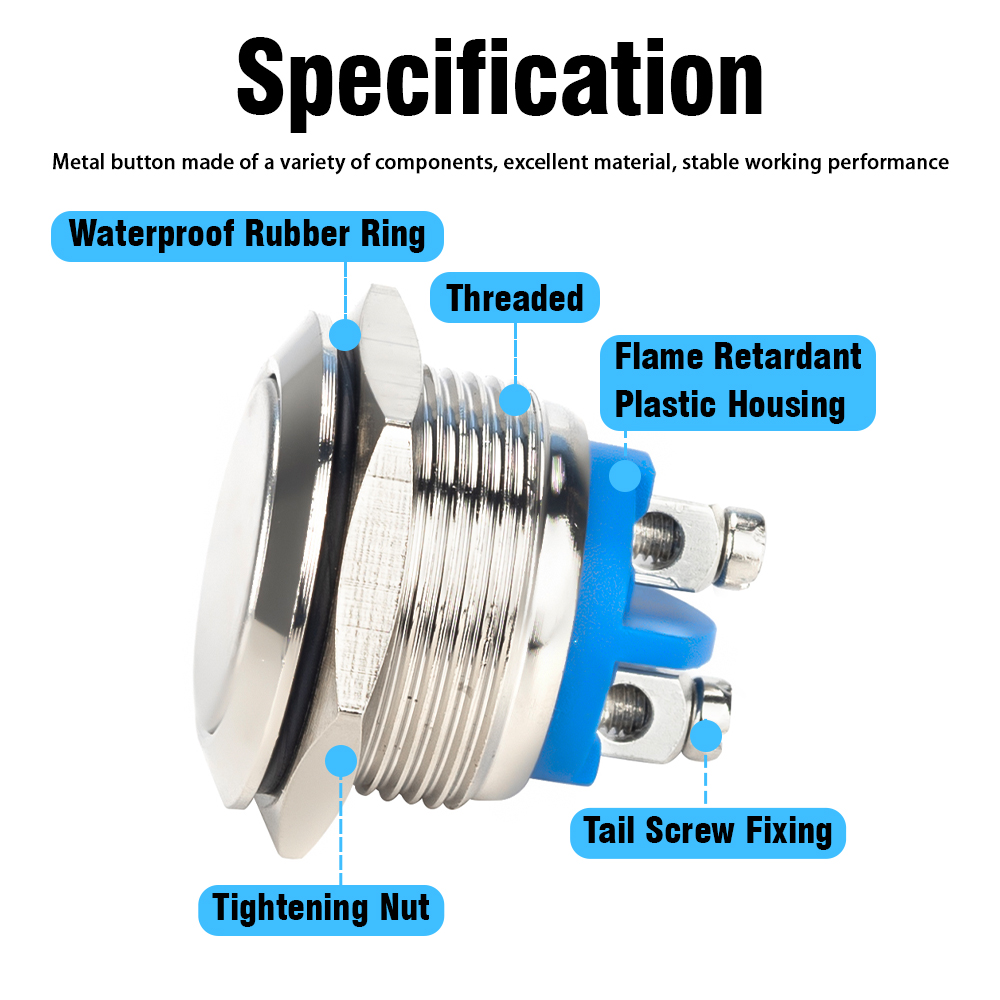 16Mm 1NO Cao Đầu Phẳng Chống Nước Nhất Thời Thiết Lập Lại Kim Loại Công Tắc Ấn Nút Vít Nhà Ga Xe Động Cơ Chuông Cửa Nguồn Máy Tính công Tắc