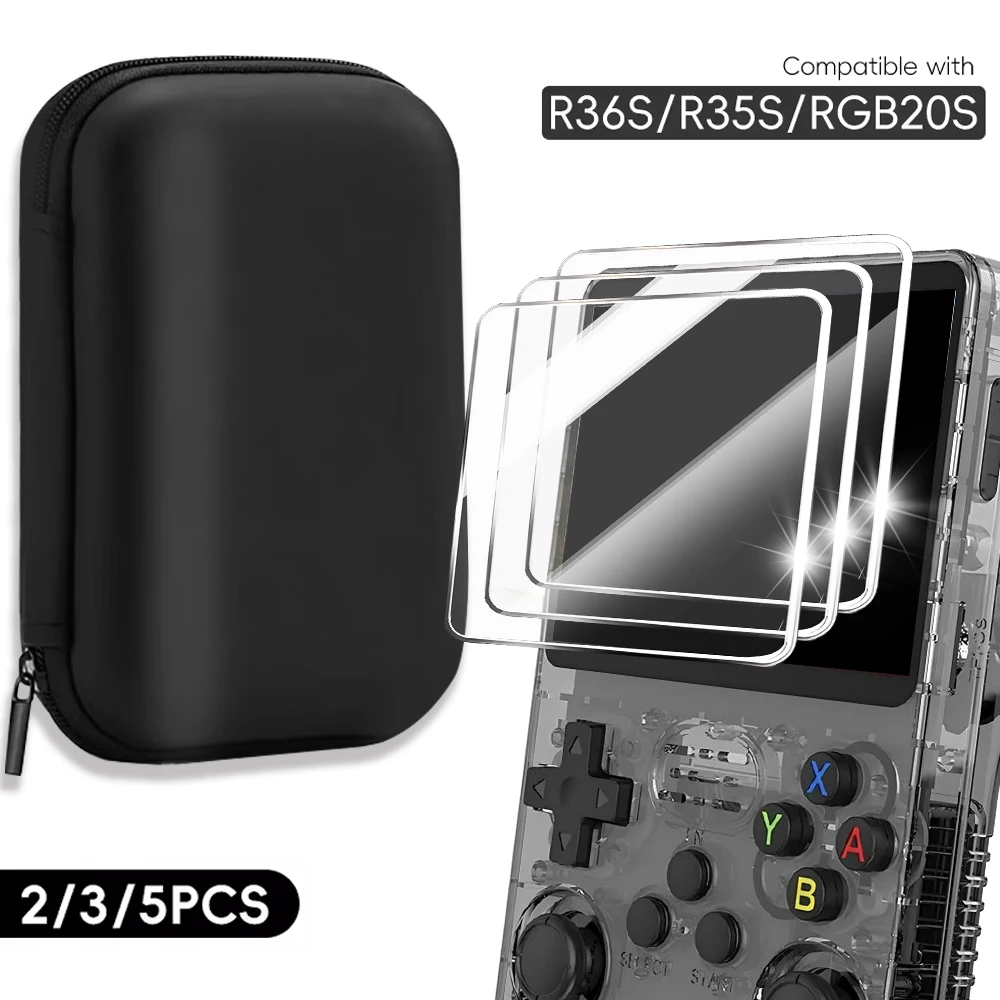 Protector de pantalla + Estuche de transporte portátil para consola portátil R36S, bolsa de almacenamiento y vidrio templado antiarañazos para accesorios R36S