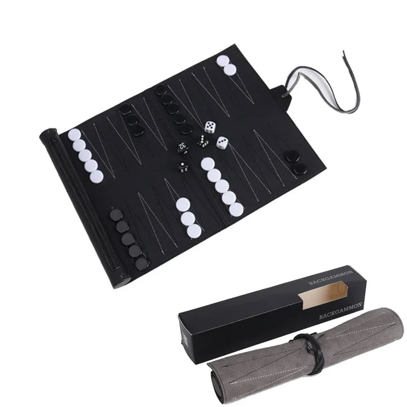 Roll-Up Backgammon-Sets, tragbares Reise-Brettspielset für Erwachsene und Kinder, faltbares klassisches Schachbrett aus PU-Leder, aufrollbar