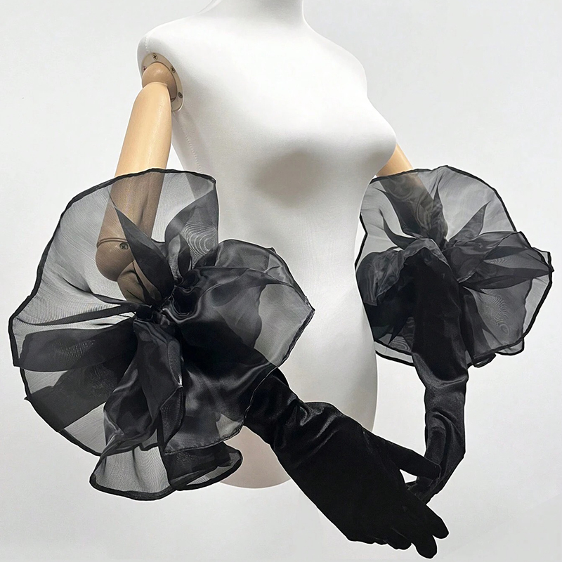 女性用ロングベルベットグローブ、特大、オーガンザ、フリル、ソリッド、ブライダル、結婚披露宴ドレス、エチケットグローブ、ハンドスリーブ、55cm