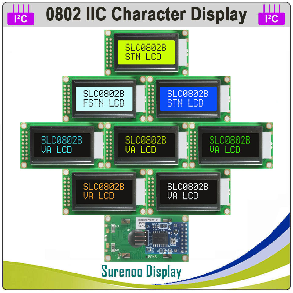Surenoo 0802 802 8*2 moduł szeregowy IIC / I2C / TWI znak Panel wyświetlacza żółty zielony niebieski z podświetleniem dla Arduino