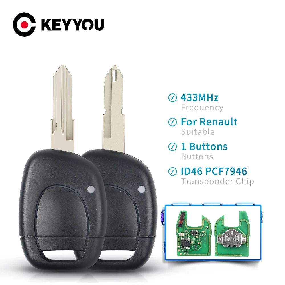 Keyyou chave remota de carro com 1 botão 433mhz, compatível com renault clio master twingo kangoo sem cortes ne73 vac102 lâmina id46 pcf7946 chip shell