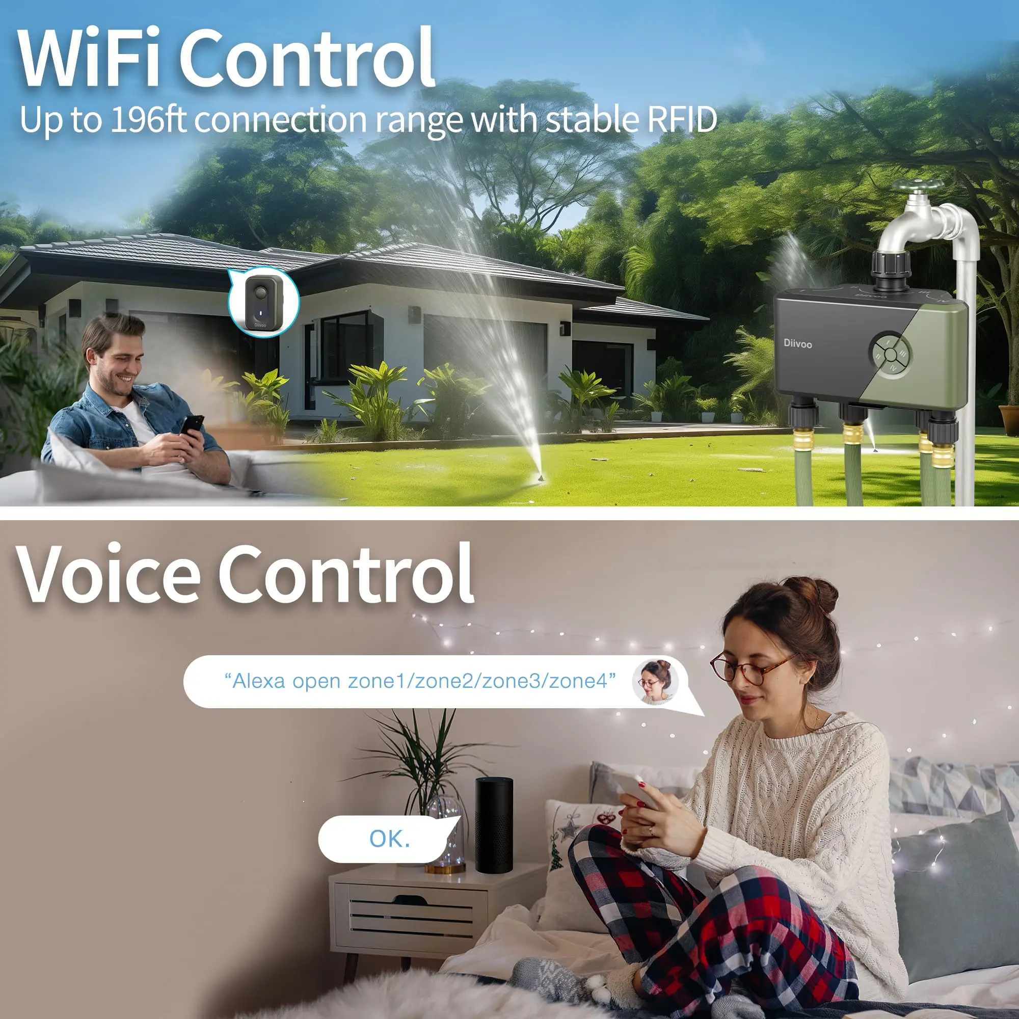 Diivoo Garden Wi-Fi Таймер воды 3/4 зон Автоматический таймер полива Контроллер систем полива с задержкой дождя Ручной полив