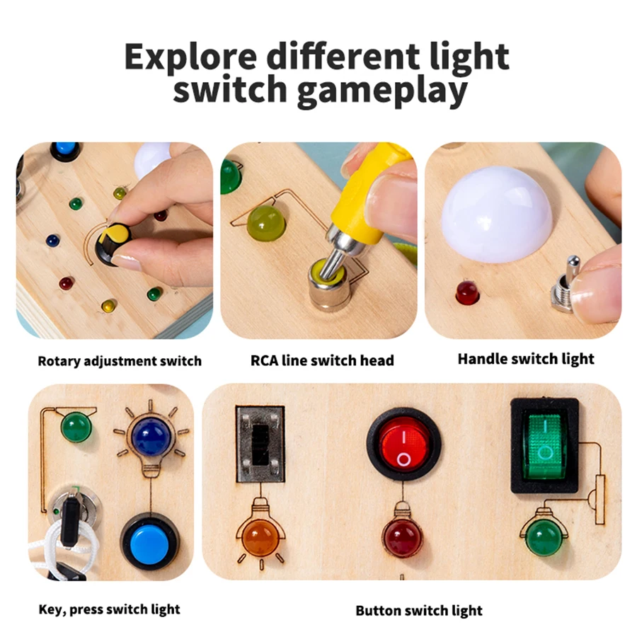 Montessori Busy Board Giocattoli sensoriali in legno con interruttore della luce a LED Scheda di controllo Attività di viaggio Giochi per bambini per 2-4 anni