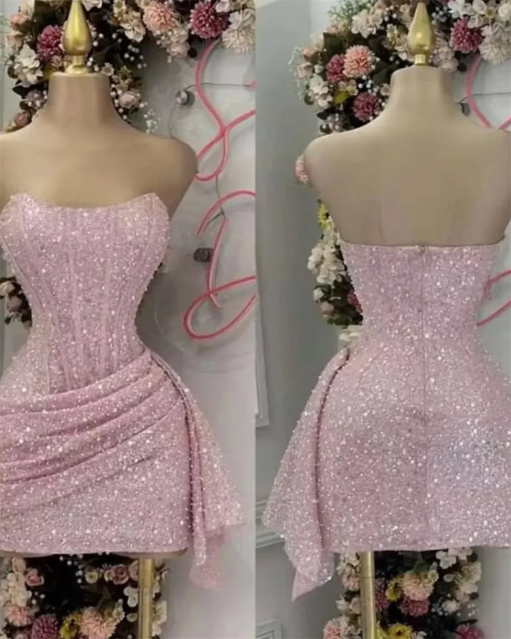 Sansa Customized Shiny Sequins Strapless Mini Prom Dresses Zip Pink Beaded فساتين سهرة Pleats Sleeveless Colum Party Dresses