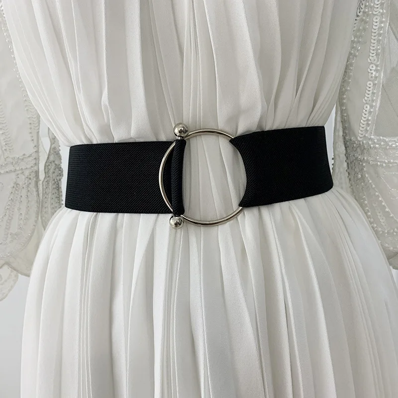 Cinturones para mujer Negro Cintura simple Banda elástica para mujer Hebilla redonda Decoración Abrigo Suéter Vestido de moda Blanco arroz
