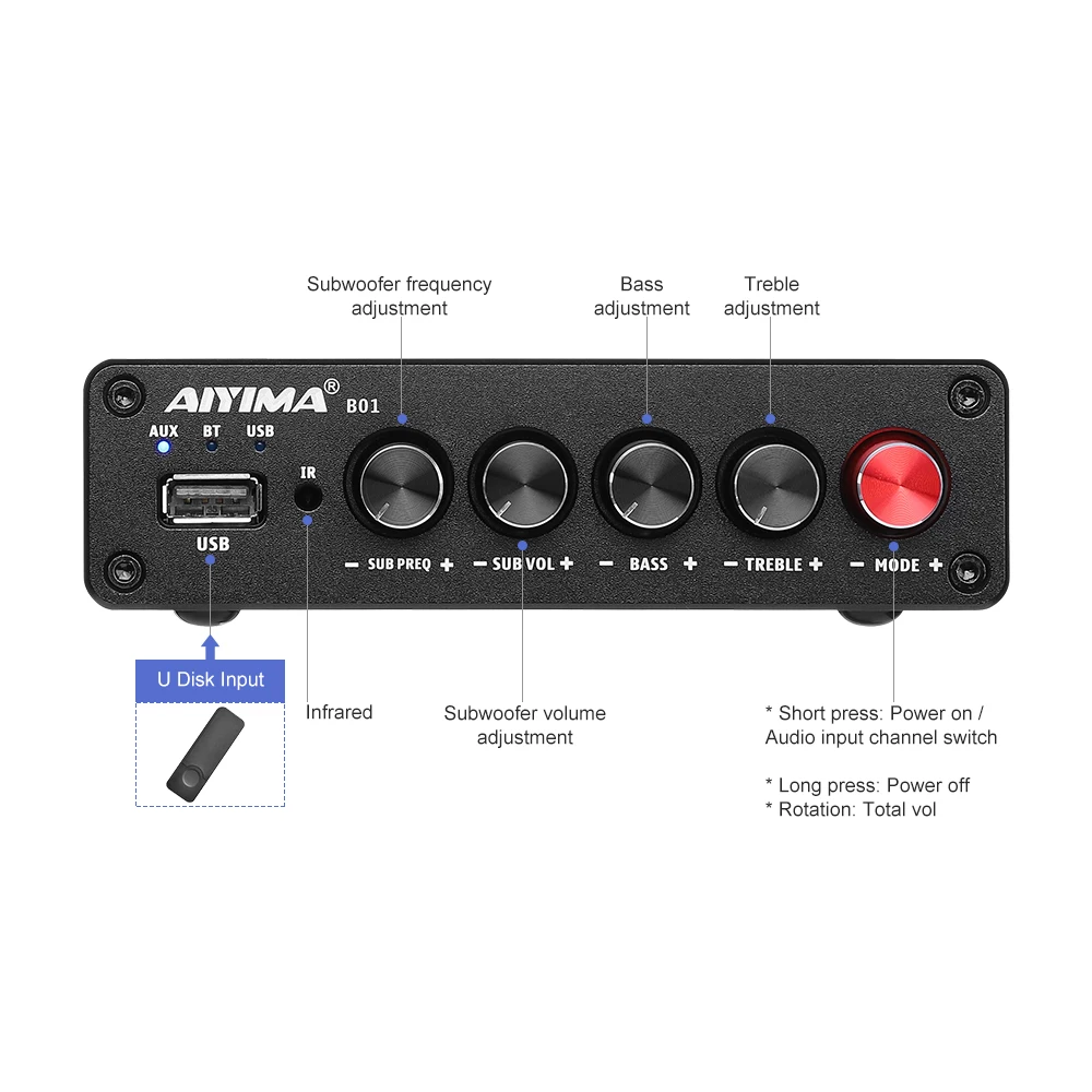 AIYIMA Audio B01 Bluetooth TPA3116D2 Усилитель сабвуфера 100 Вт Hi-Fi стерео цифровой 2,1 усилитель класса D Bass Treble для домашнего кинотеатра