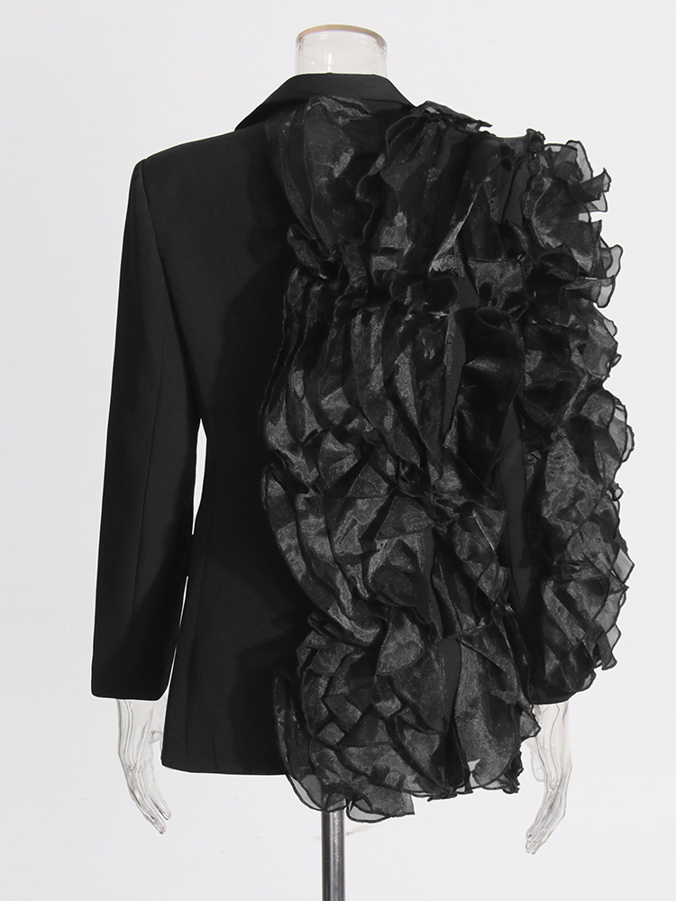 TWOTWINSTYLE Patchwork Ruffles Chic Blazers สําหรับผู้หญิง Notched คอยาวแขนยาว Spliced กระเป๋า Designer Blazer หญิงแฟชั่น