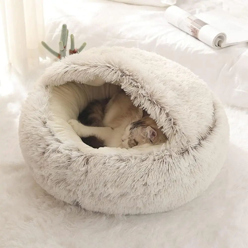 Rundes Plüsch-Katzenbett, Haustiermatratze, warm, weich, bequem, Korb für Katzen und Hunde, 2-in-1-Schlafsack, Nest für kleine Hunde