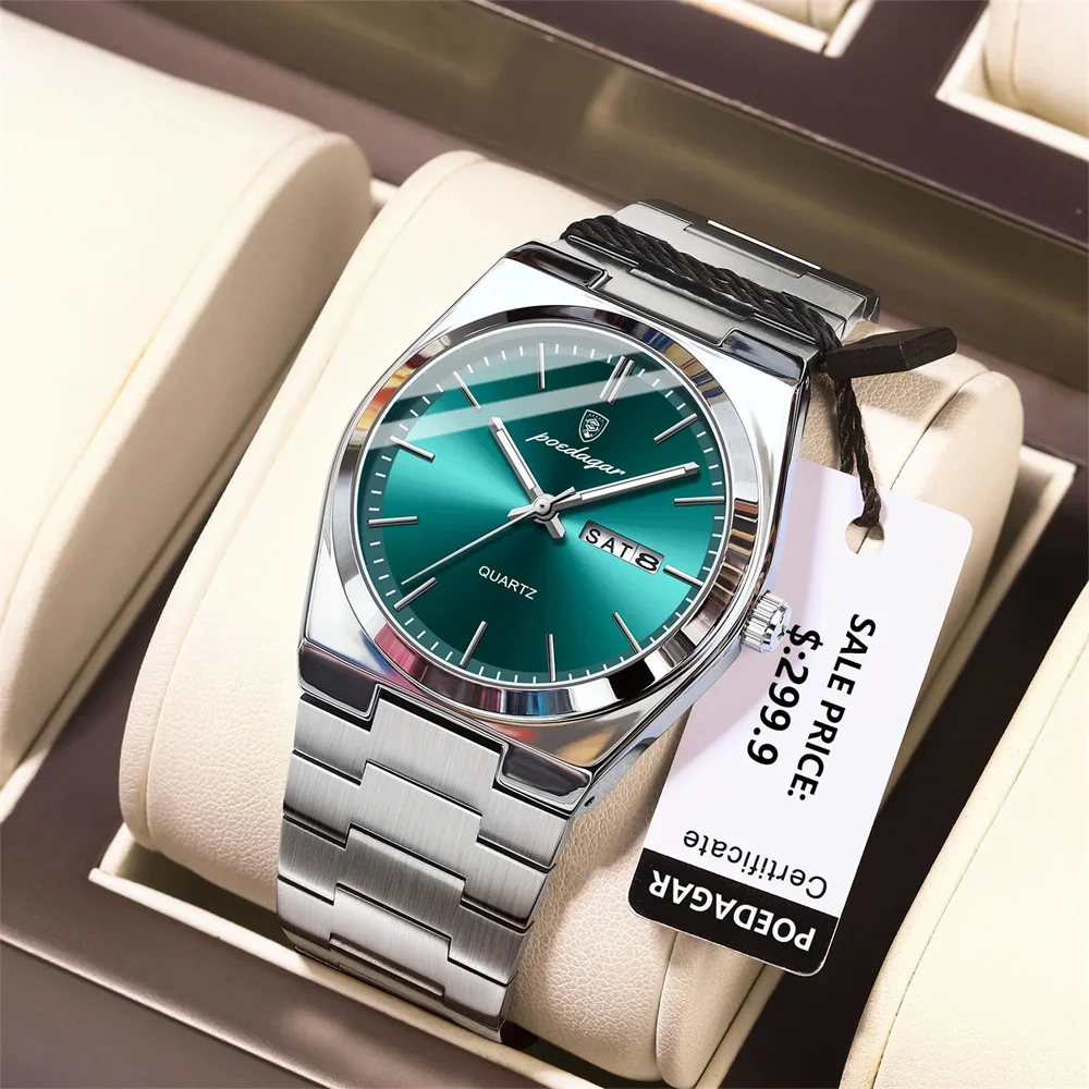 POEDAGAR-Reloj de pulsera de cuarzo para hombre, cronógrafo deportivo de lujo, resistente al agua, luminoso, con fecha y semana, de acero inoxidable