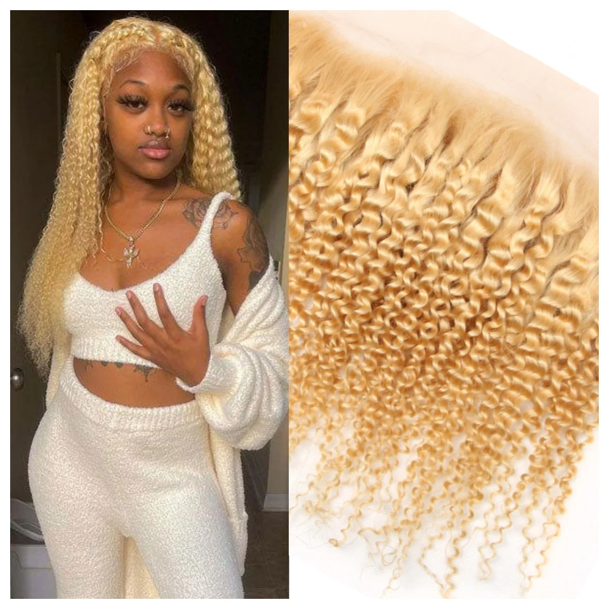 Loira Kinky Curly Lace Encerramento, Fechamento Frontal com o Cabelo do Bebê, Parte Livre, Renda Transparente, 100% Cabelo Humano, Pré Arrancado, 613x4