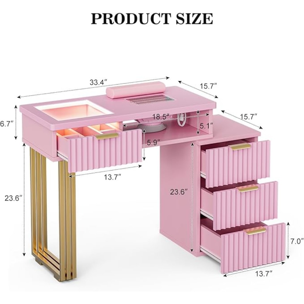 Manicure Table for Nail Tech with Dust Collector, Nail Desk Station w/4 Drawers & LED Lights, Acetone Resistant Beauty