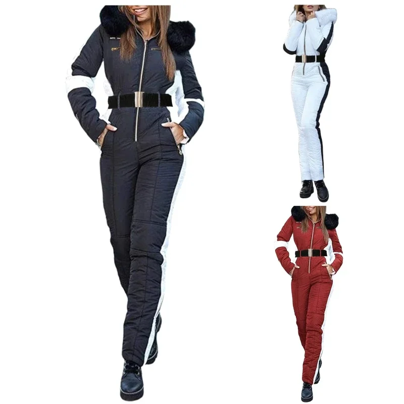 ผู้หญิงแขนยาวกันน้ําWindproofเล่นสกีโดยรวมหญิงElegantสเก็ตบอร์ดJumpsuitฤดูหนาวPatchwork Ski Jumpsuitsสําหรับ
