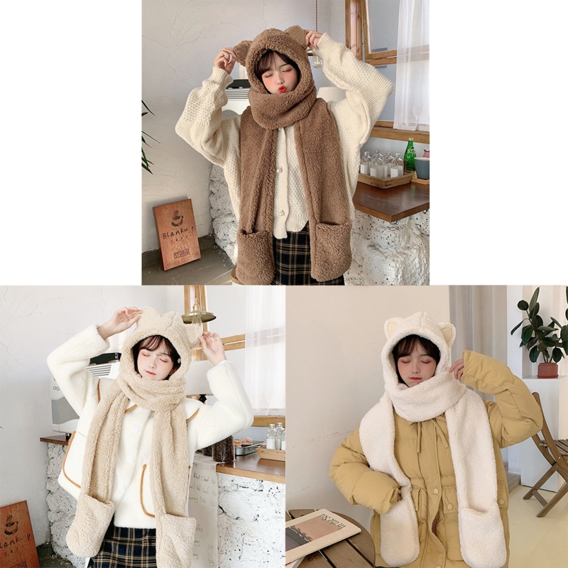 Winter-Kunstfell-Plüsch-Kapuzenmütze, Schal und Handschuhe, Fäustlinge, 3-in-1-Langschal mit Kapuze