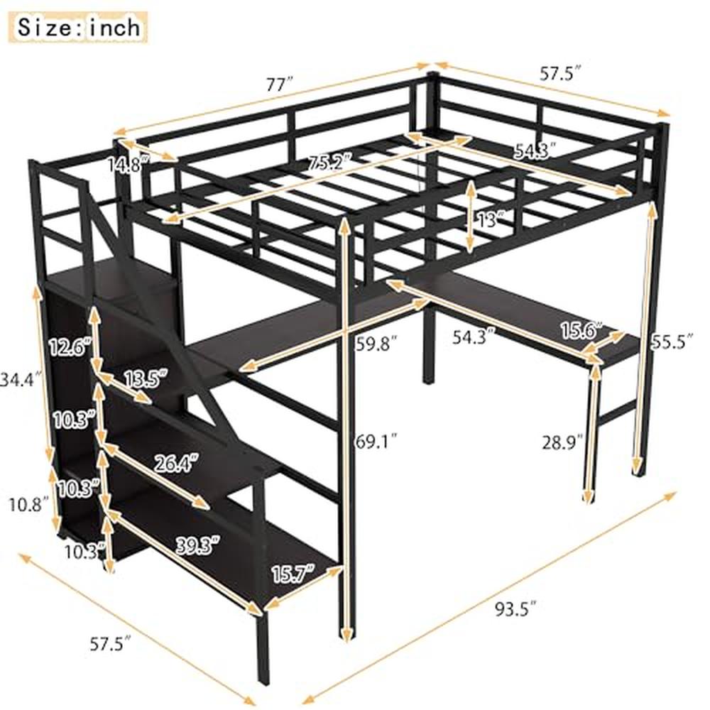 Full Size Gaming Loft Bed L-Shaped Desk Wardrobe Adjustable Shelf LED Charging Station Meta Loft Bed Kids Cozy Gaming Learning