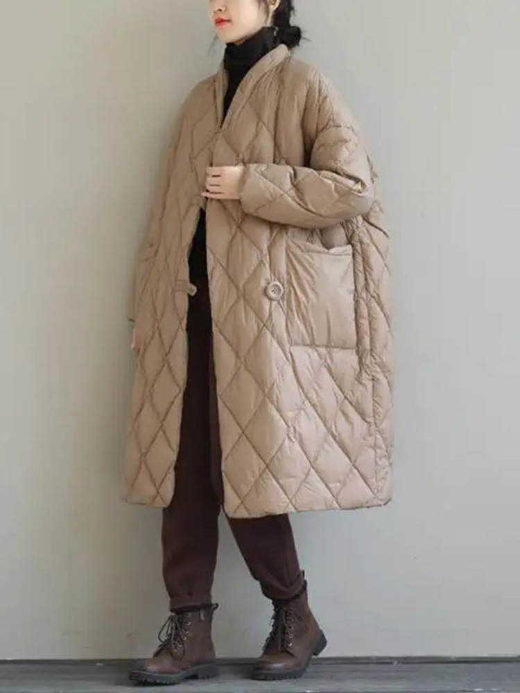 Übergroße lockere Daunen-Baumwolljacke, karierter Stehkragen, gepolsterter Mantel, Vintage-Midi-Länge, Abrigos, Winter, leicht, lässig, Casaco