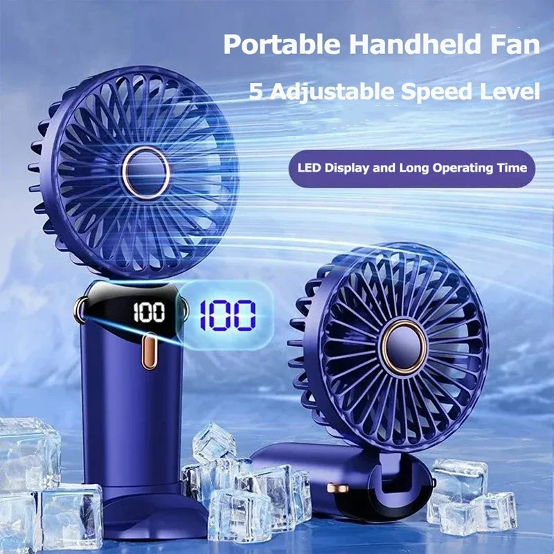 Mini ventilador de mano, escritorio portátil plegable de 3000mAh, colgante para cuello al aire libre, ventilador recargable por USB de 5 velocidades, soporte para teléfono, pantalla de visualización
