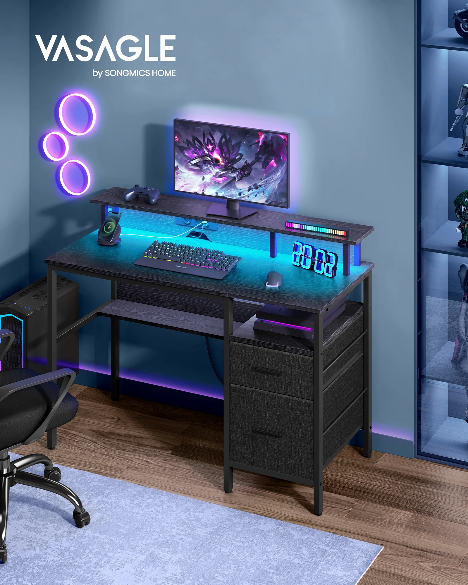 VASAGLE bureau met lades, computertafel met monitorstandaard, LED-verlichting, 55x120x90 cm, inbouw stopcontacten