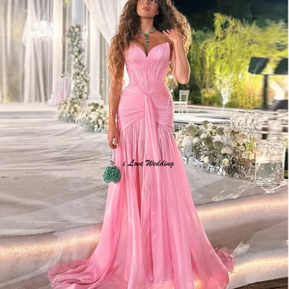 Off Shoulder Chiffon Pleated Sexy Mermaid Backless Evening Dress Floor Length Front Slit Party Gown with Sweep Court Customized