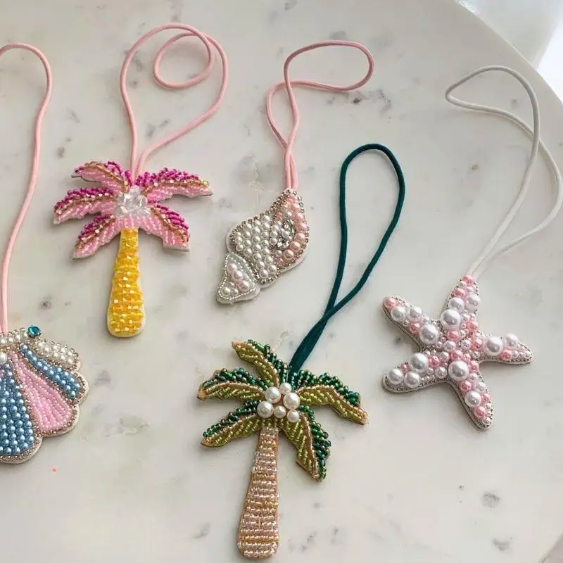 3D Marine Life Beaded Handmade Key Chain Palm Trees Starfish Rhinestone Beaded Patches Crystal Bag Charm Pendant Hanging Jewelry