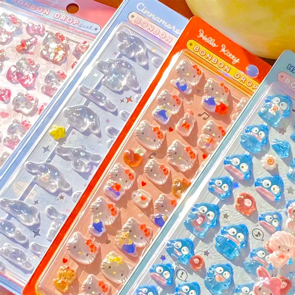 Anime Sanrio Kuromi Hellokitty Hangyodon Cinnamoroll 3D pegatina de gelatina transparente pegatinas decorativas de cristal funda de teléfono juguete Diy