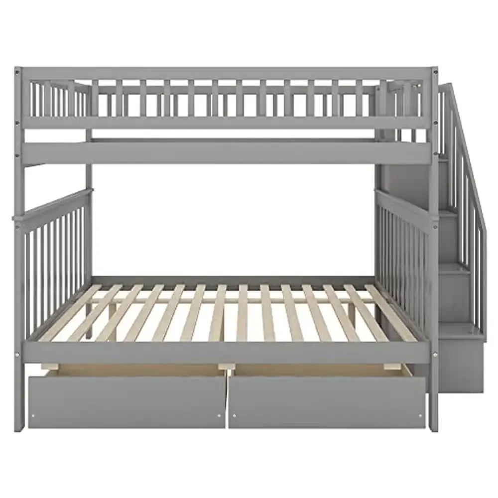Solid Wood Full Over Full Bunk Bed with Stairway and Storage Drawers Gray 250lbs Weight Capacity