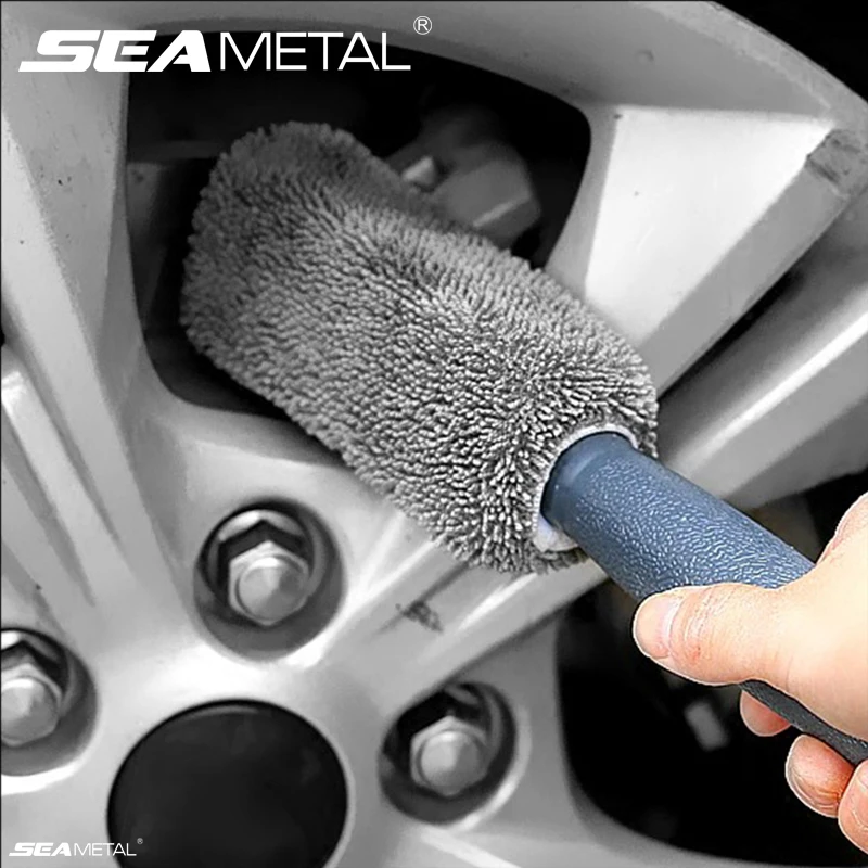Seametal escova de aro de pneu de roda de carro de microfibra, ferramenta de limpeza de roda automática, toalha de lavagem com alça de plástico, acessórios de lavagem de carro