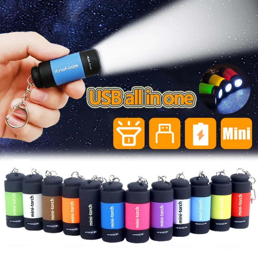 USB recargable LED multifuncional luz fuerte llavero linterna impermeable al aire libre senderismo Camping Mini linterna