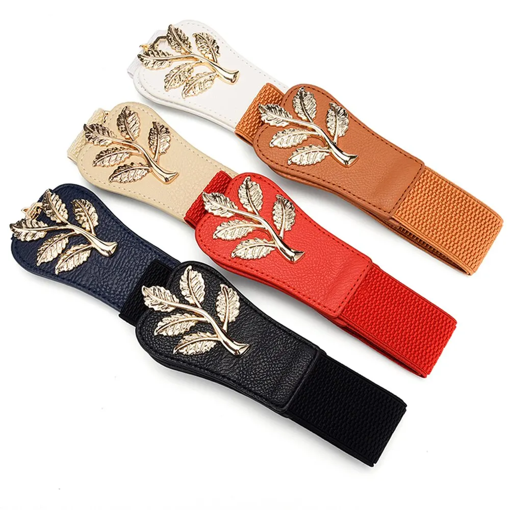 Funda de cintura para mujer, cierre de cintura elástico de hoja dorada a la moda con hebilla de doble gancho, cinturón ancho combinado con falda, cinturón para mujer