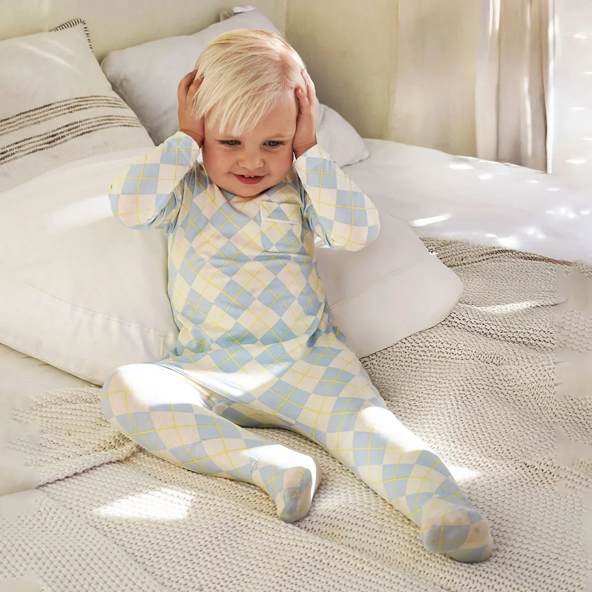 AP 2025 spring summer argyle plaid soft dress set footie pjs family matching clothing