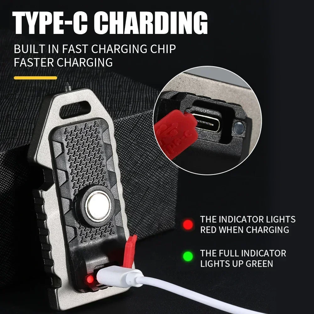 Lampe de poche porte-clés LED Portable USB-C, Mini torche Rechargeable, lanterne de poche, lampe de travail d'inondation, sifflet de survie d'urgence