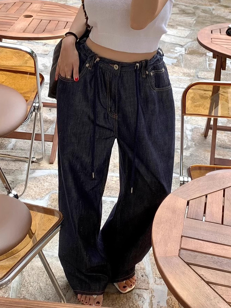 Calças Jeans Fenas de Cintura Alta com Design Retro e Cordão, Pernas Retas e Largas, Detalhes de Costura Versáteis