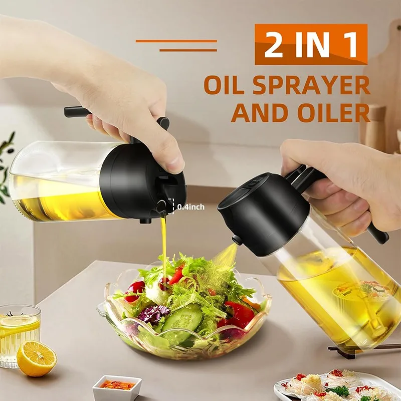 Pulverizador de óleo de cozinha 2 em 1, garrafa de vidro para cozinhar, anti-vazamento, garrafa de azeite para churrasco, fritadeira de ar, salada, bife, suprimentos de cozinha