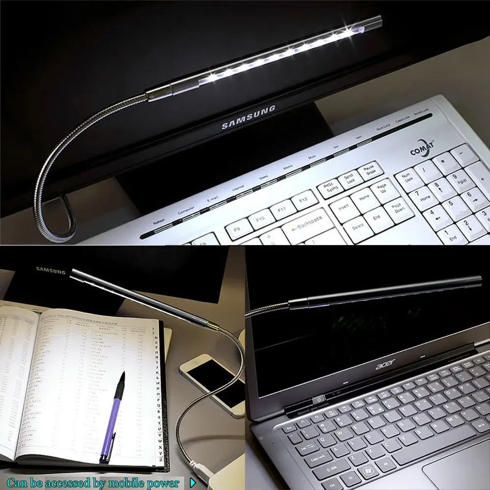 Luz LED de libro USB, Material metálico alimentado por USB, lámpara de noche Flexible de 10 LED para ordenador portátil, PC, Notebook, luces de lectura de libros