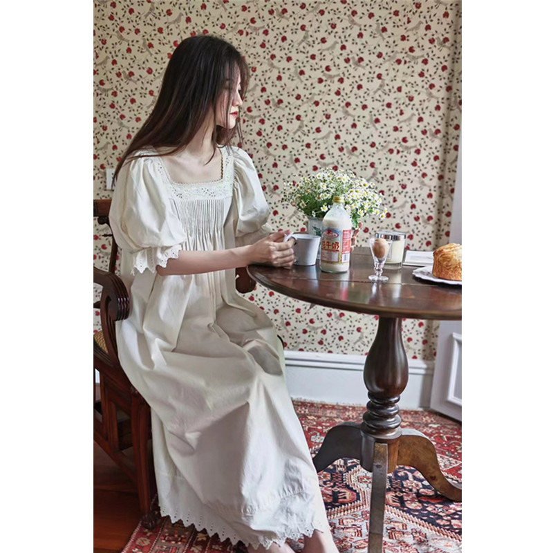 Camisones largos Vintage de princesa para mujer, camisón holgado con cuello cuadrado bordado francés, camisón de algodón de manga larga para primavera 2024