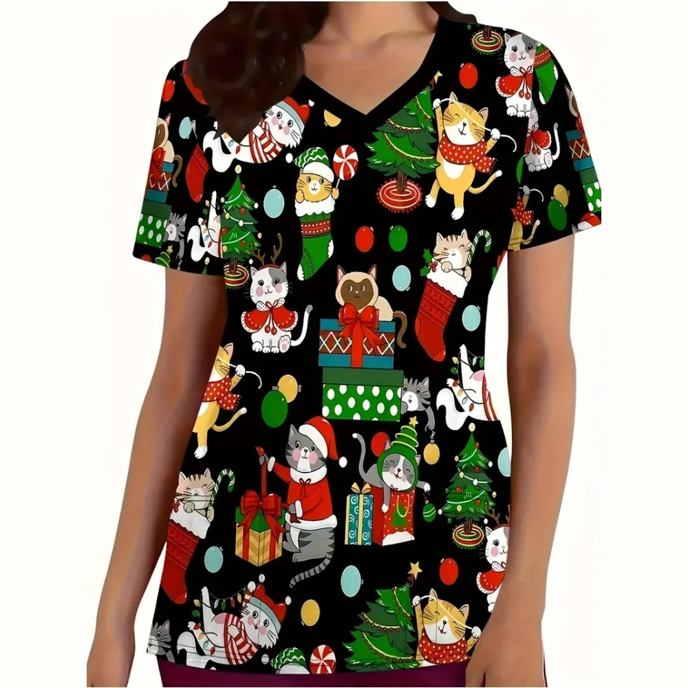 Neue Weihnachten Chirurgische Uniformen Frau Tierarzt Dental Medizinische Uniform Microstretch V-ausschnitt Kurzarm Tops frauen Medizinische Uniformen
