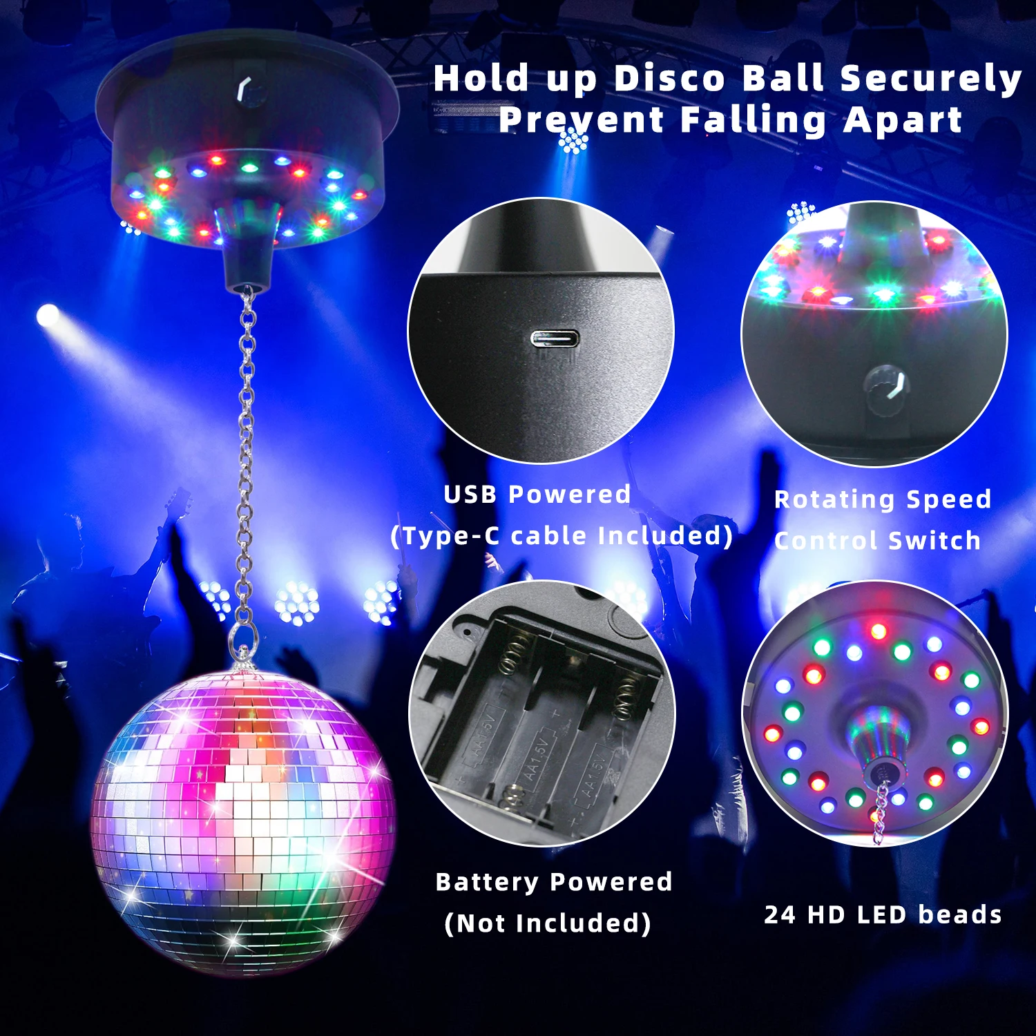 5 RPM--9 RPM 調整可能なミラーボール回転モーター、24 RGB LED ライト付き、4 6 8 12 インチディスコボール用 (別売り)