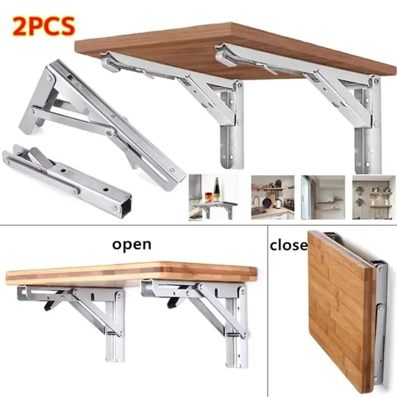 Heavy Duty 2PCS Stainless Steel Triangle Folding Shelf Brackets – Wall Mounted Collapsible Angle Bracket for Table, Workbench