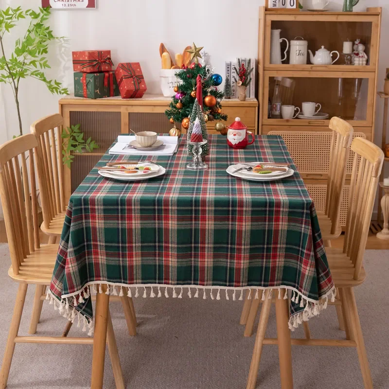 Mantel navideño a cuadros verdes, foto, ambiente, resort, textil para el hogar, cubierta de mesa de Año Nuevo 2024 para restaurante de reunión familiar