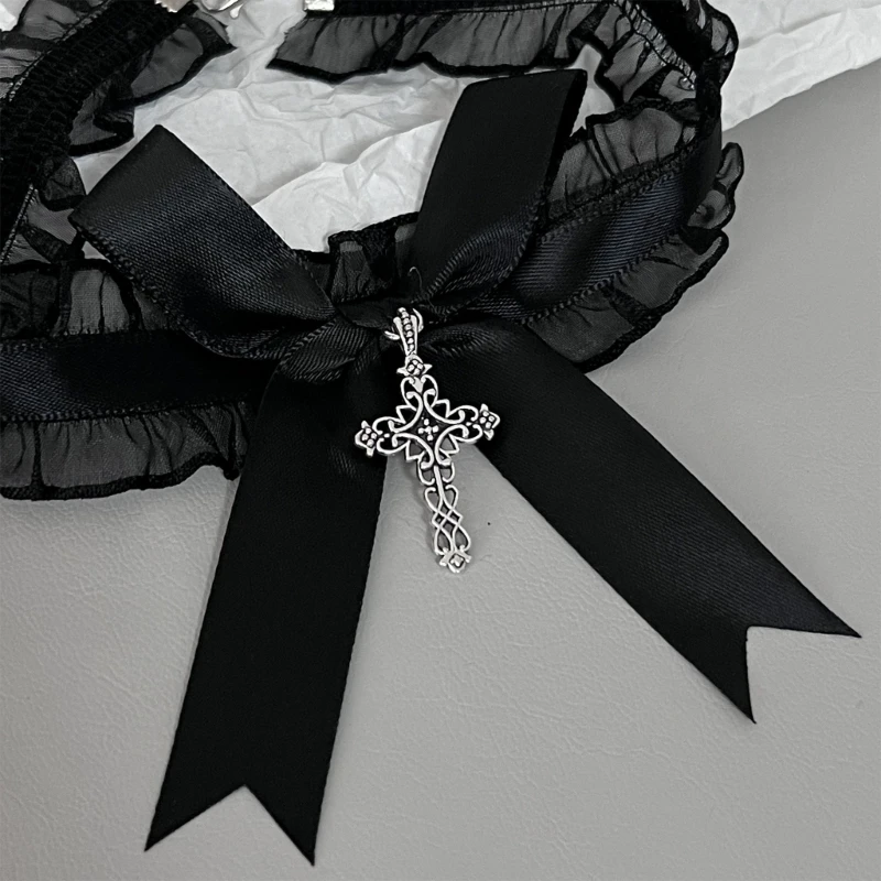 ลูกไม้Ruffleสร้อยคอChokerน่ารักBowknot Crossesจี้คอคอฮาโลวีนGothicเครื่องแต่งกายของขวัญเครื่องประดับสำหรับผู้หญิง