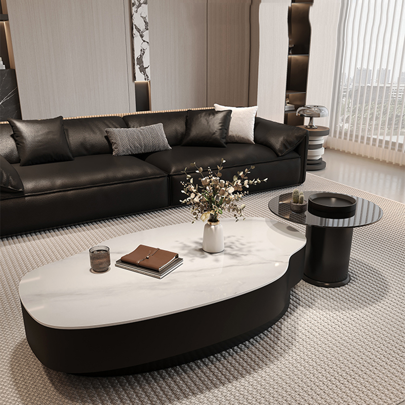 Mesita para café de sala de estar de lujo, centro de almacenamiento negro moderno, mesa baja sedentaria, mesa concisa Irregular, muebles bajos
