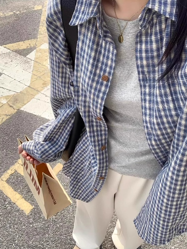 Csa Jaqueta de Manga Longa em Xadrez Azul 2025 para Mulheres, Solta e Leve, Blusa de Proteção Solar Estilo Francês com Gol...